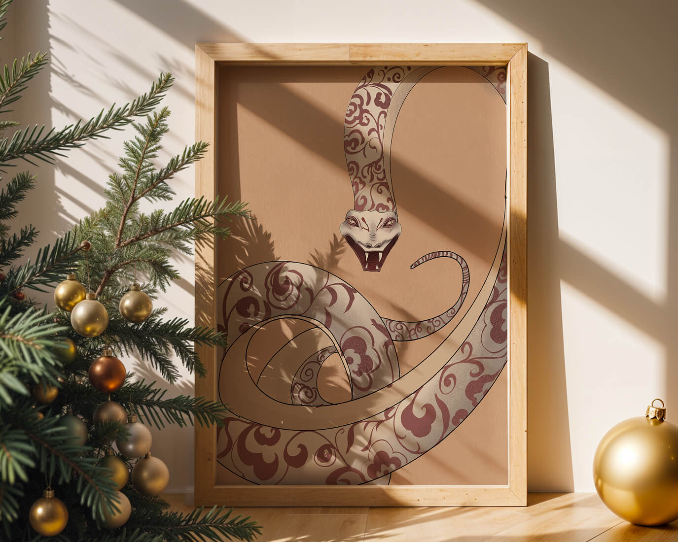 Elegant coiled snake with floral patterns in an artistic composition