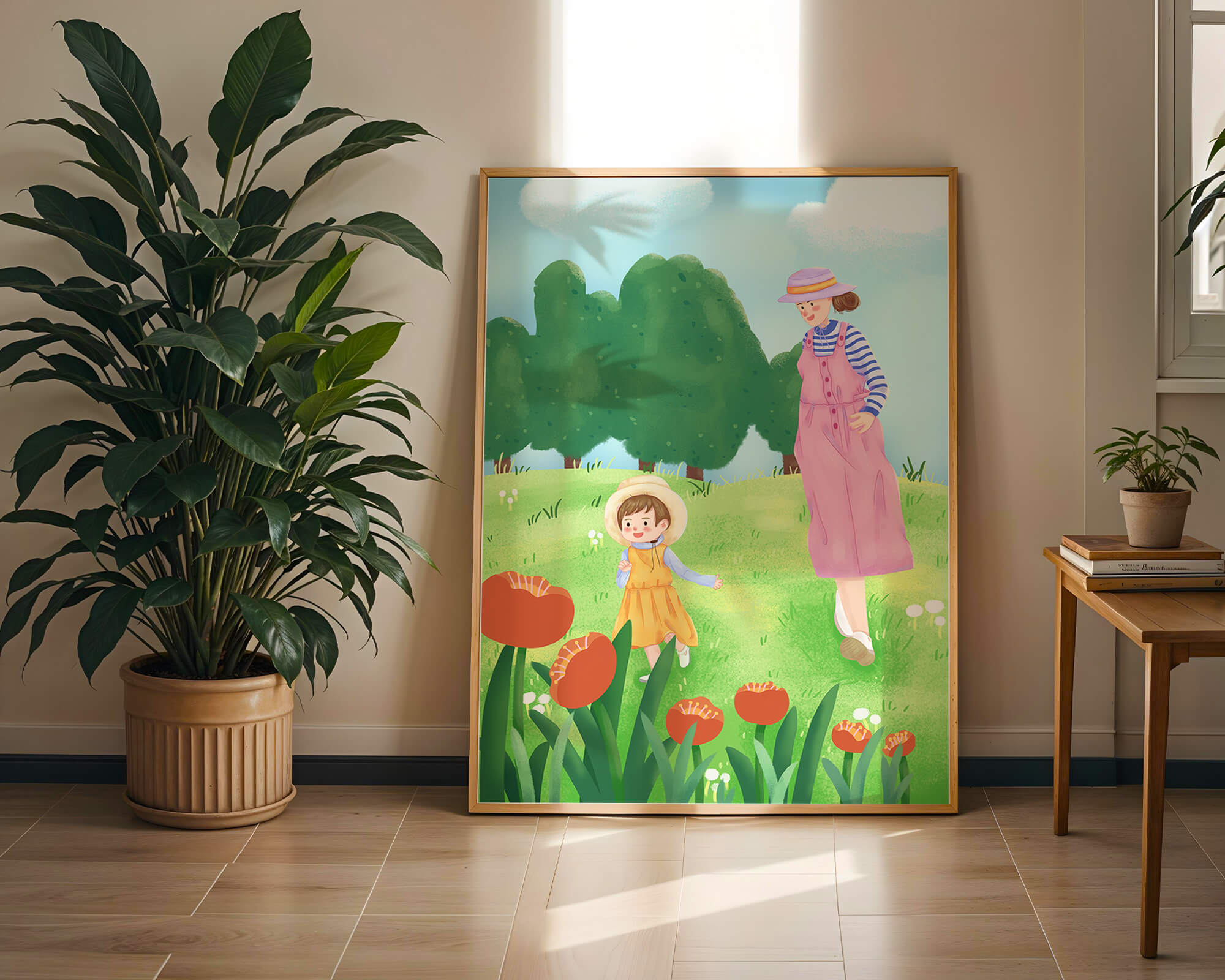 Mother and child in a floral garden under clear skies