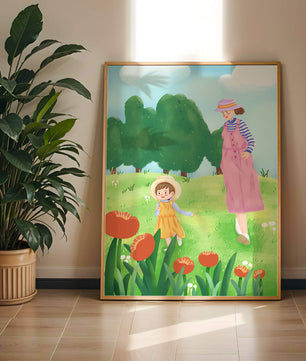 Mother and child in a floral garden under clear skies