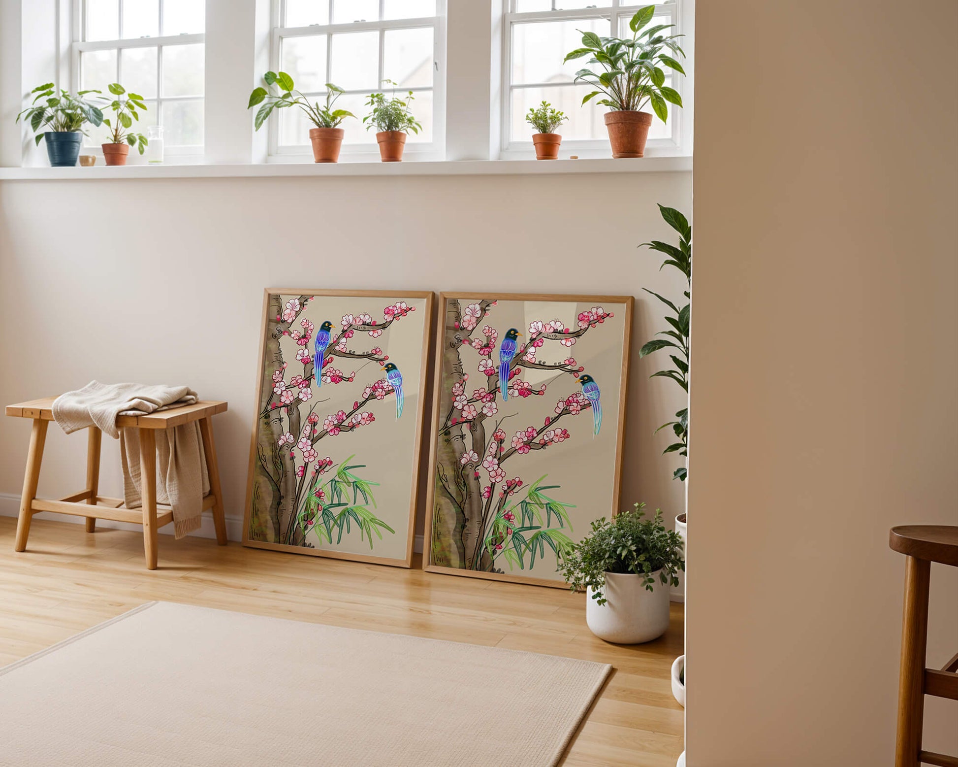 Illustration sereine d’oiseaux sur des branches en fleurs avec des feuilles de bambou
