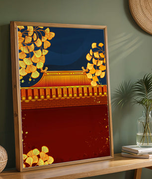 Traditionelles asiatisches Dach mit goldenem Laub auf dunklem Abendhimmel