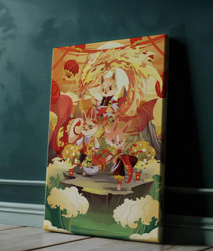 Fantastical scene with anthropomorphic animals and a dragon in a vibrant setting