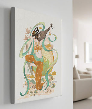 Elegant depiction of an Asian-inspired musician with floral and ribbon motifs