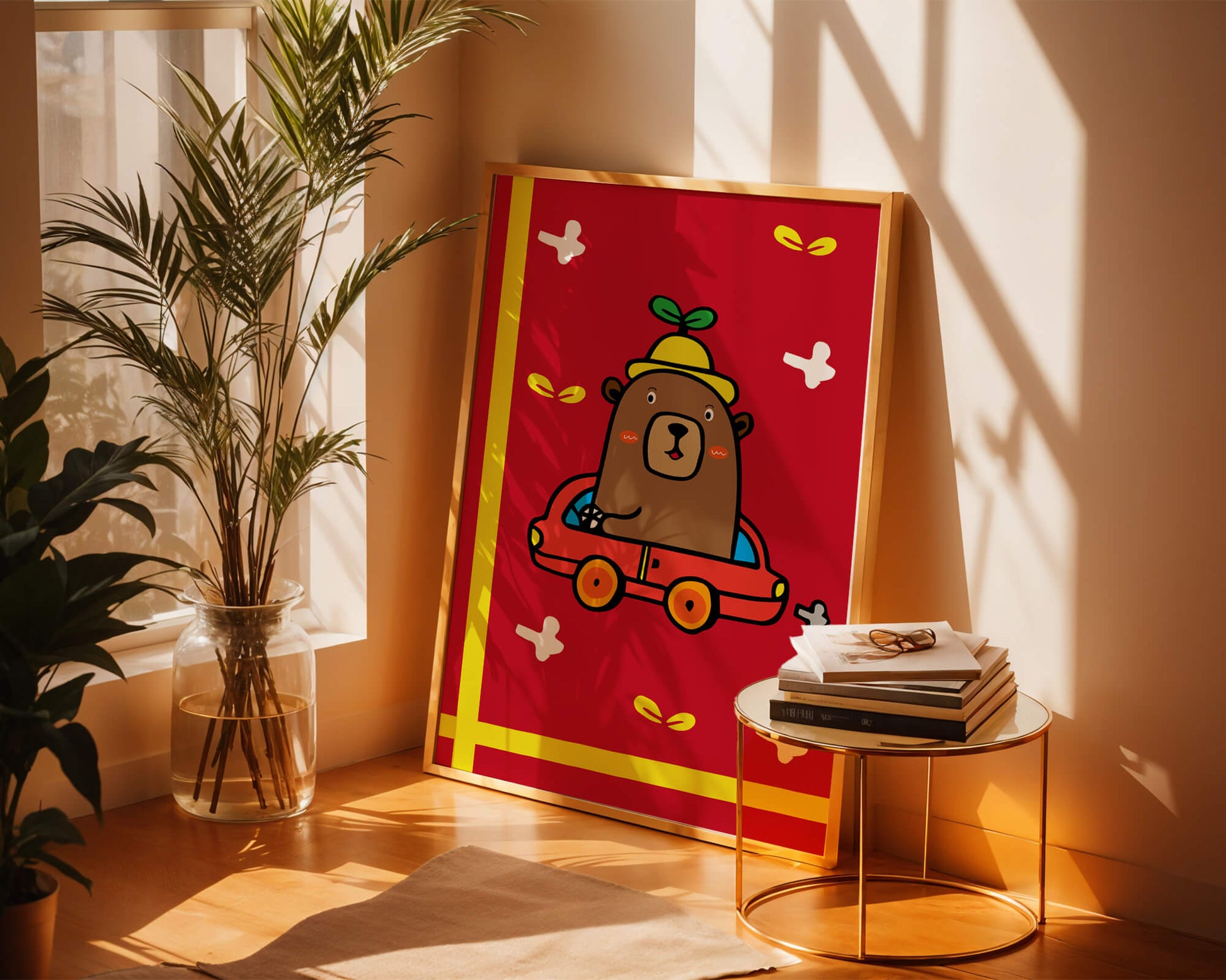 Whimsical bear driving a car on a bright red background