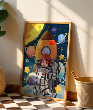 Young Astronaut with Rocket and Planets in Space Adventure