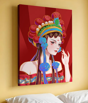 Traditional Asian art depicting stylized woman with ornate headdress