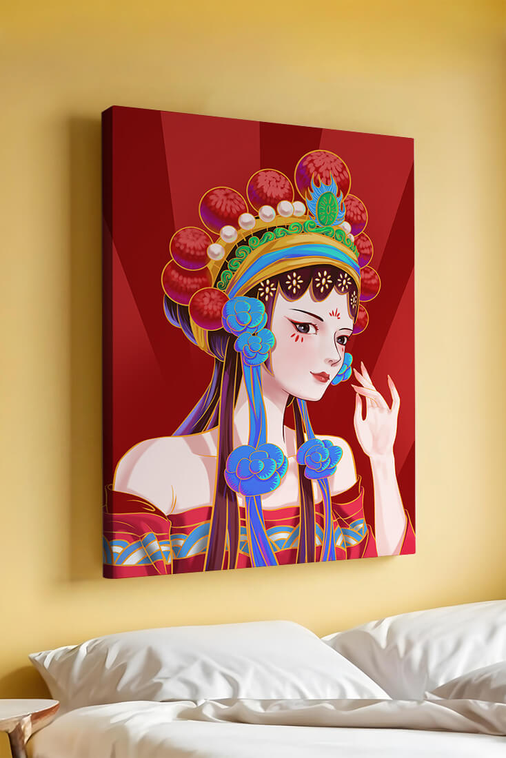 Traditional Asian art depicting stylized woman with ornate headdress