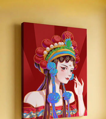 Traditional Asian art depicting stylized woman with ornate headdress