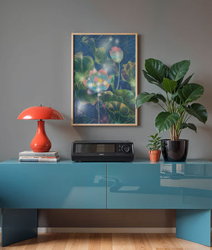 Bunte Lotusblumen mit abstraktem kosmischen Hintergrund