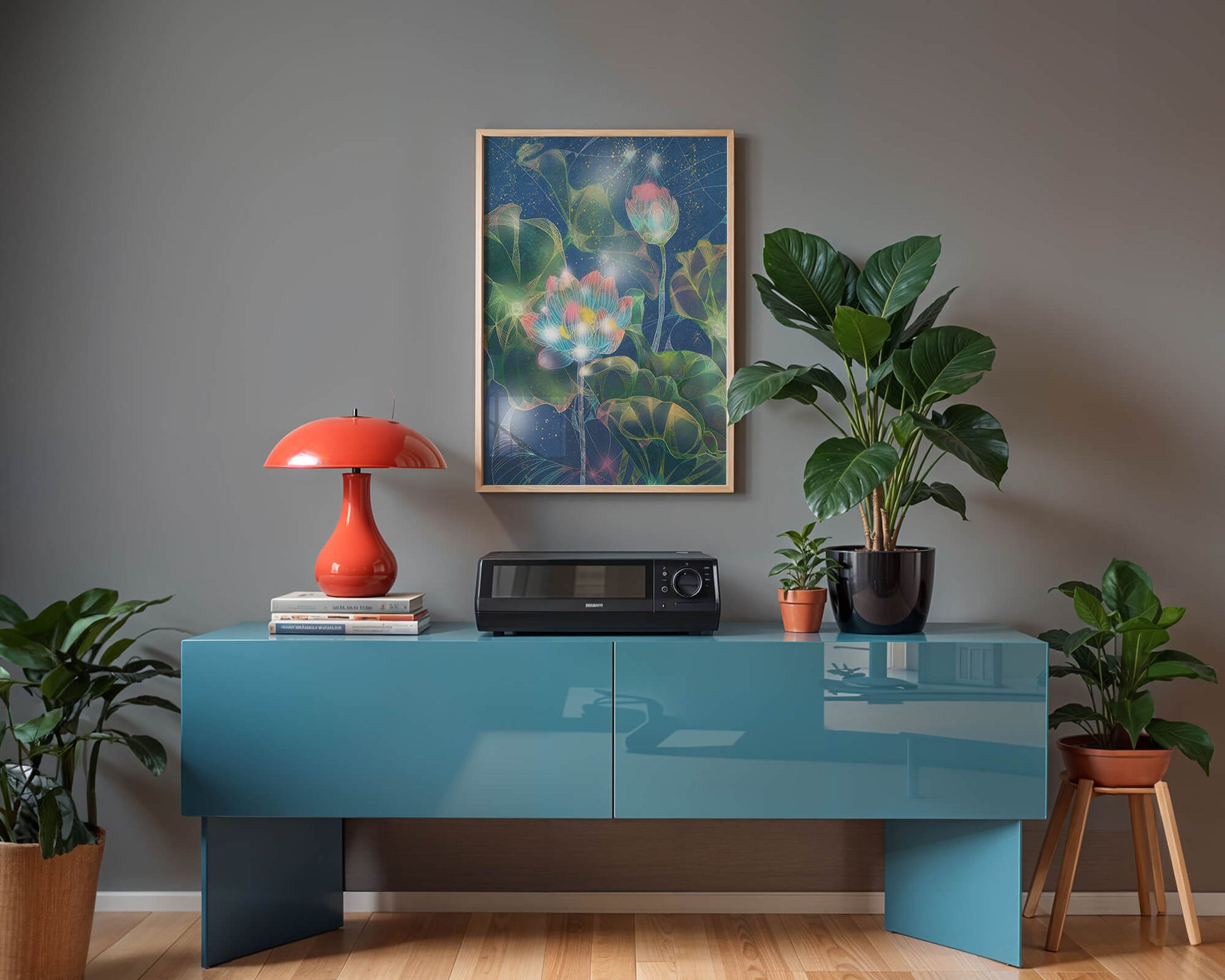 Bunte Lotusblumen mit abstraktem kosmischen Hintergrund