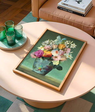 Floral arrangement in a decorative vase on a green background