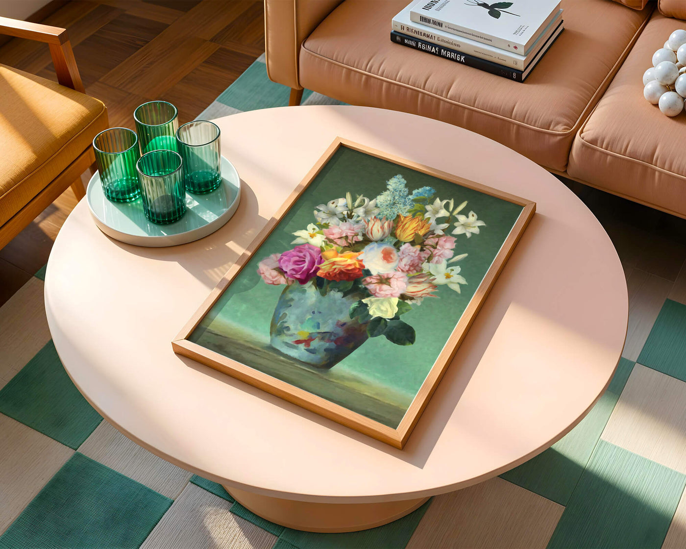 Floral arrangement in a decorative vase on a green background