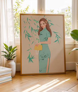 Elegant Woman in Traditional Dress Holding a Yellow Clutch with Bamboo Background