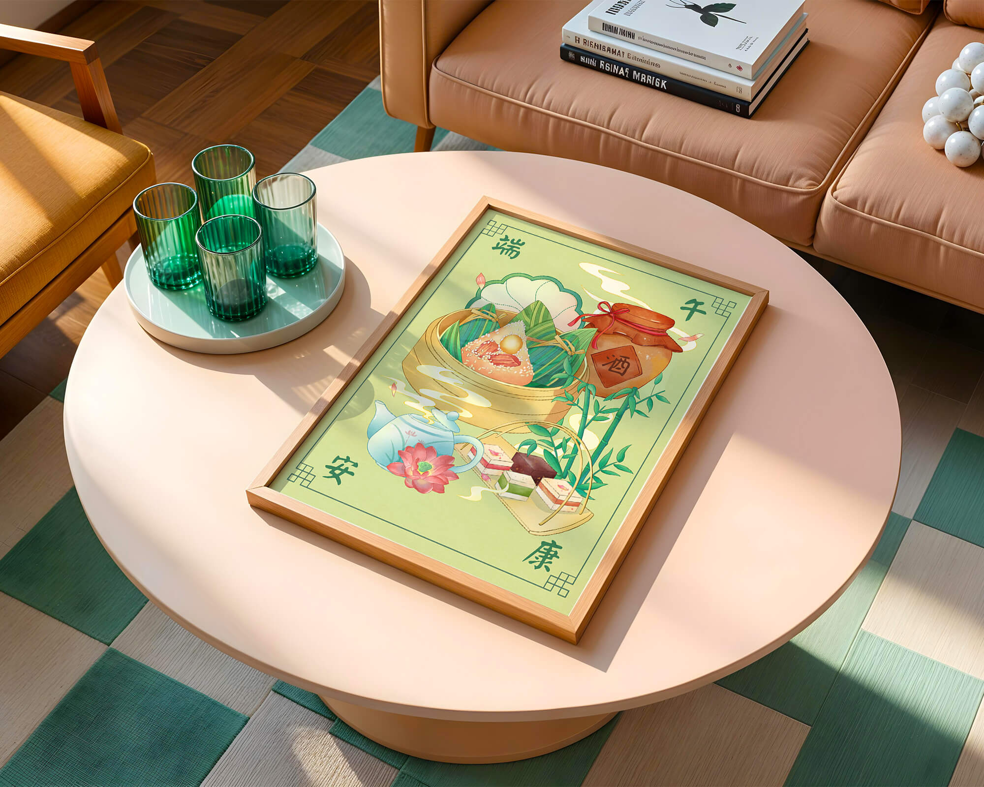 Chinese festive food illustration featuring traditional rice dumplings and tea set