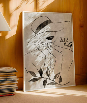 Abstract Woman in Hat with Minimalist Leaf Design