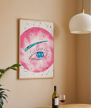 Abstract Eye Illustration with Pink Background and Blue Accents - Mi tienda