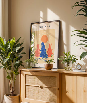 Modern abstract art poster featuring the sun and a serene figure in blue and coral tones - Mi tienda