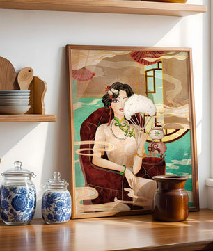 Œuvre d'art élégante d'inspiration asiatique vintage représentant une femme avec un éventail