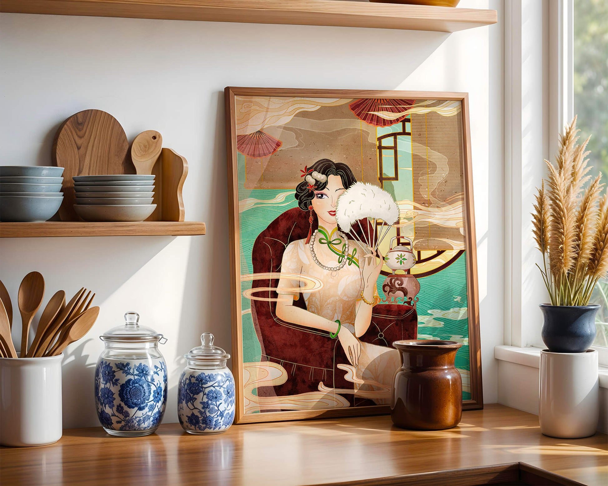 Elegant vintage Asian-inspired artwork featuring a woman with a fan