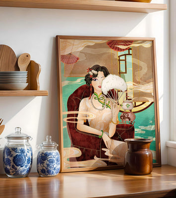 Elegant vintage Asian-inspired artwork featuring a woman with a fan