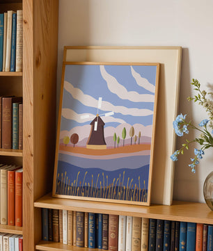 Paysage coloré avec moulin à vent et arbres abstraits