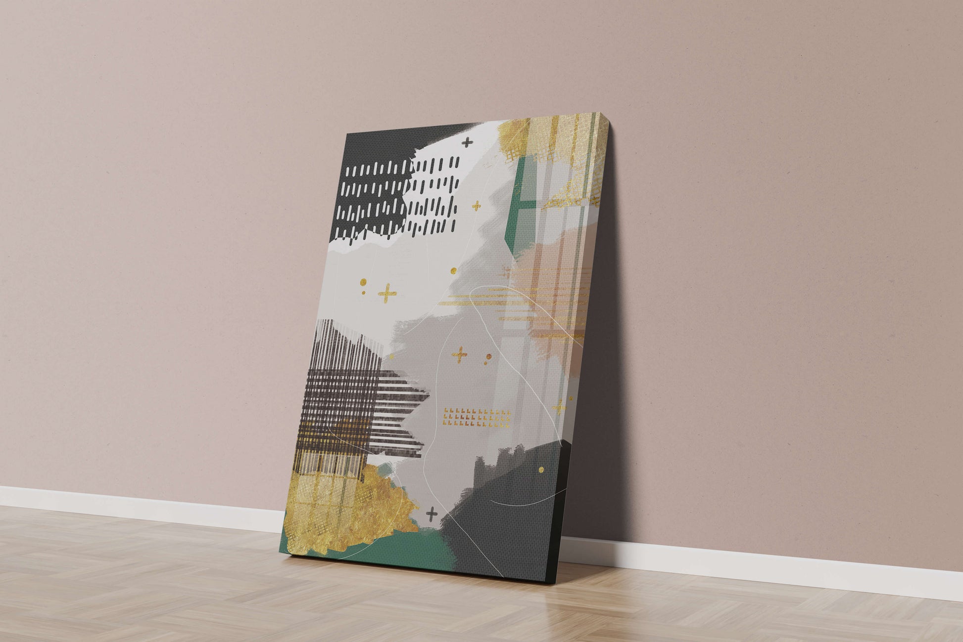 Abstract mixed media art with gold and geometric patterns