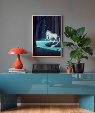 Escena nocturna encantadora con un unicornio junto a un arroyo del bosque
