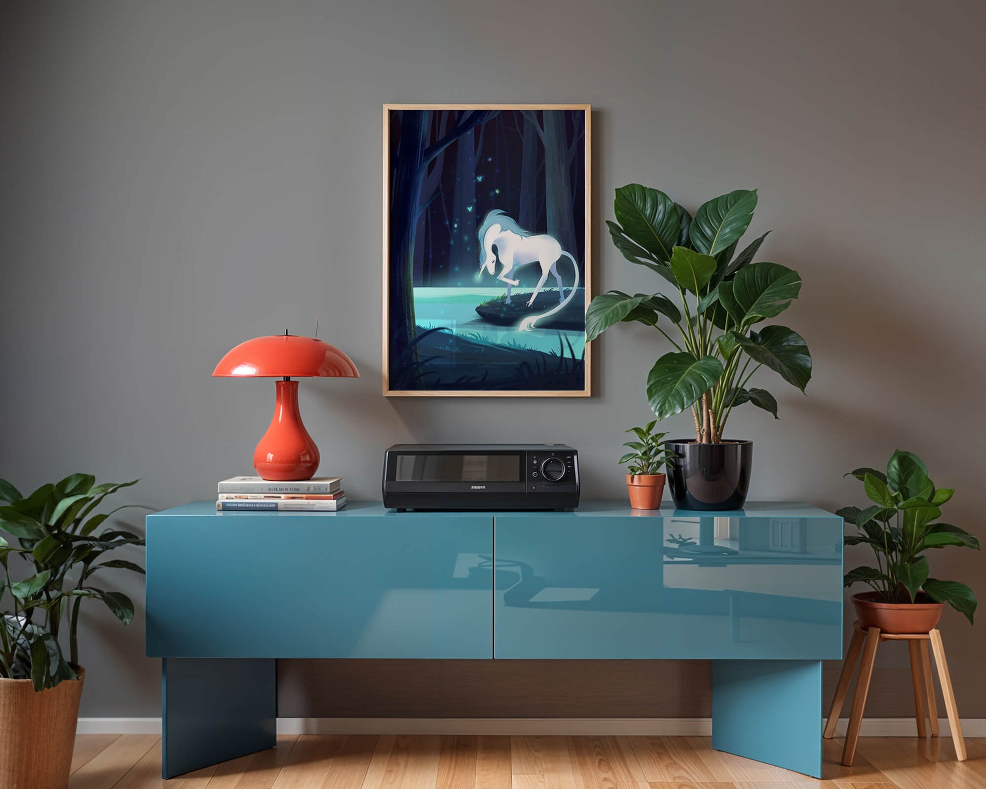 Enchanting night scene with a unicorn by a forest stream