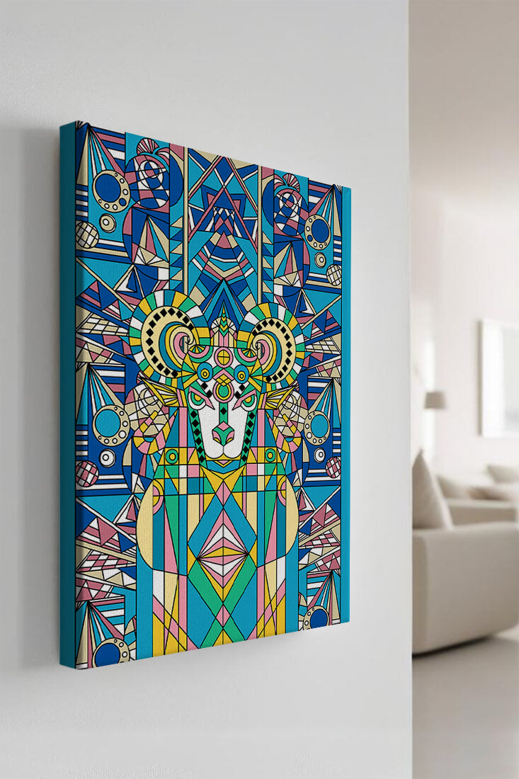 Diseño geométrico colorido de carnero con patrones simétricos