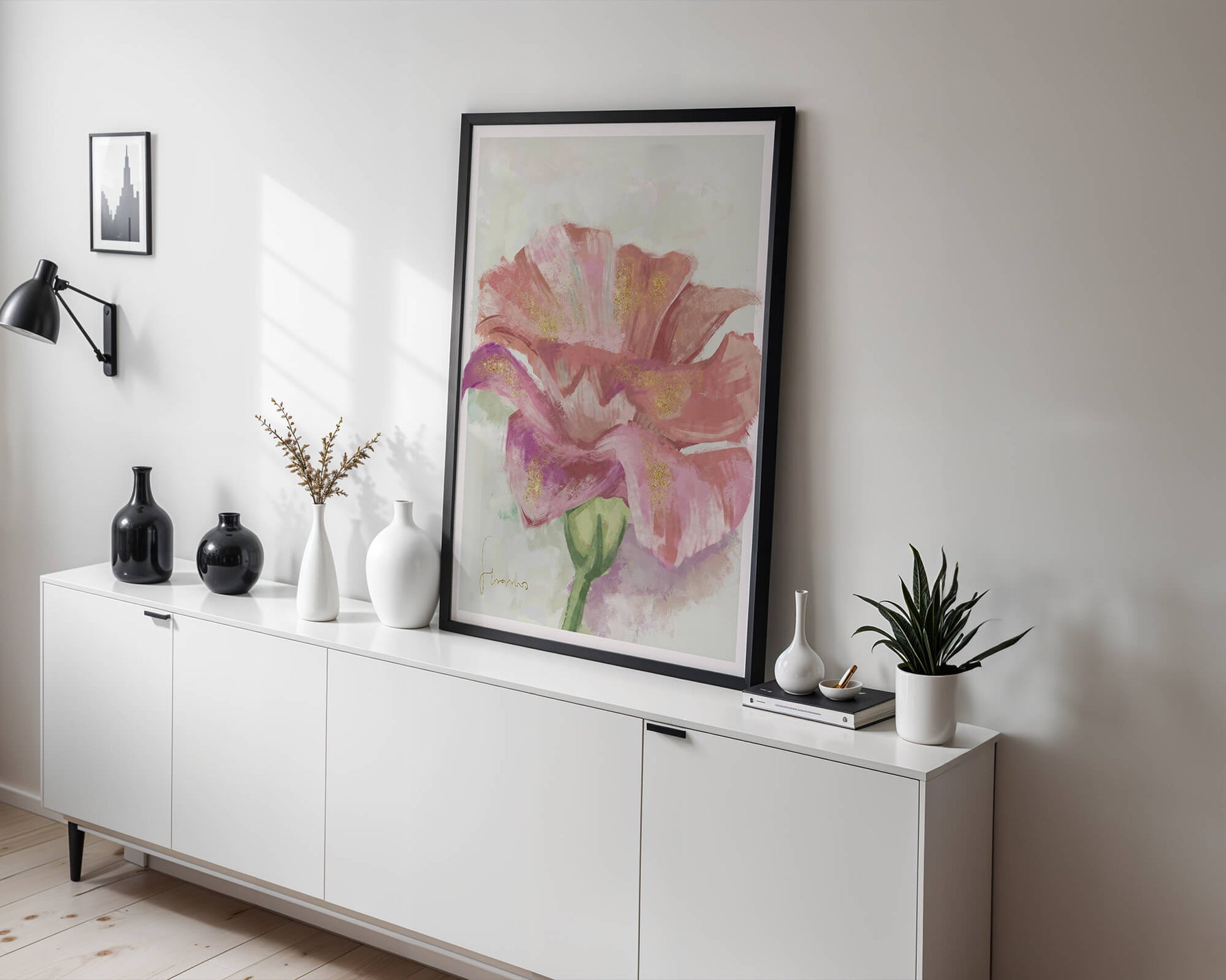 Beautiful pink flower painting with golden accents