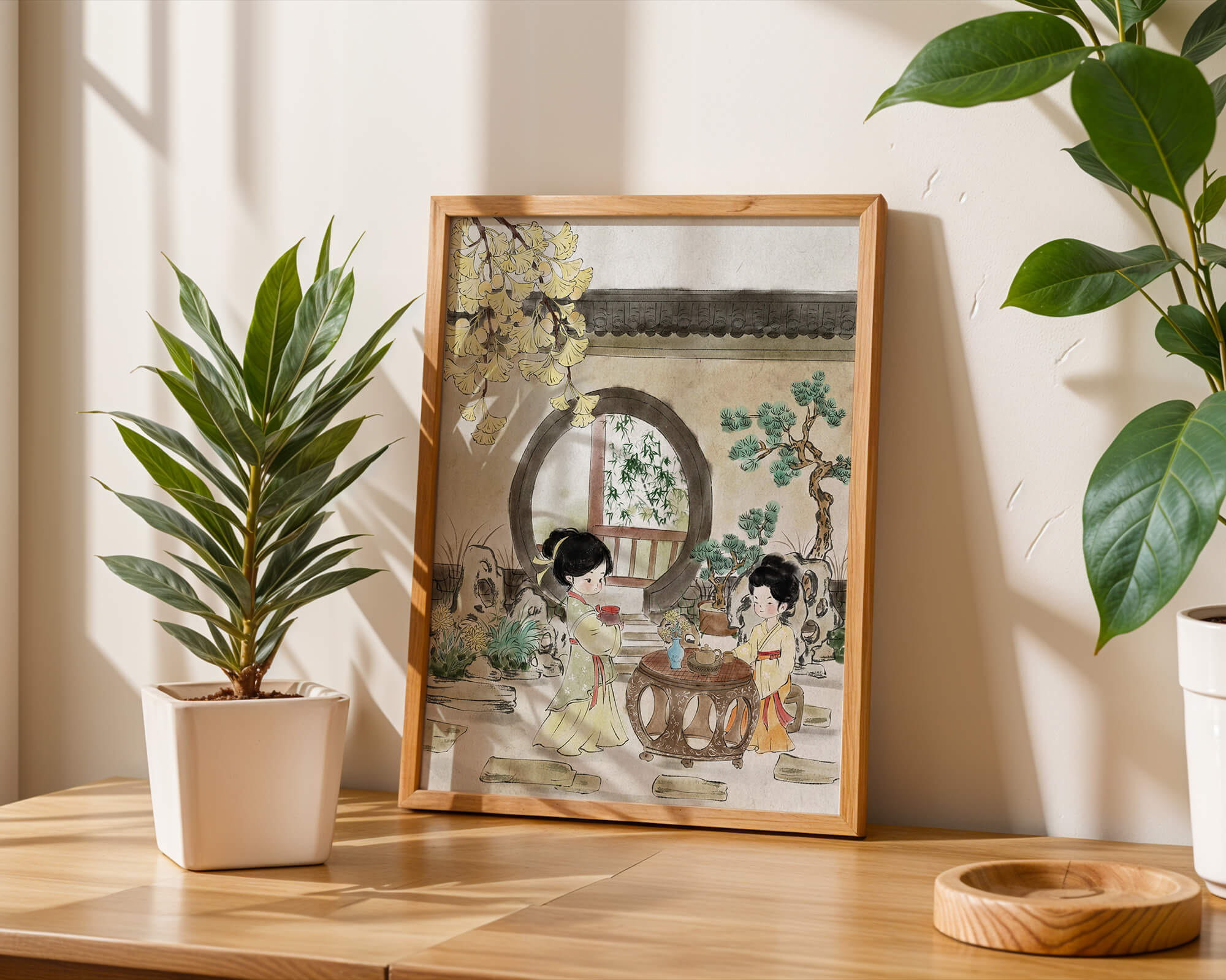 Serene traditional Chinese garden scene with women in elegant attire