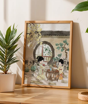 Scène sereine de jardin traditionnel chinois avec des femmes en tenue élégante