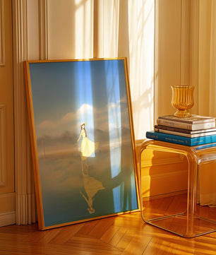 Woman in yellow dress standing on reflective water against clear sky
