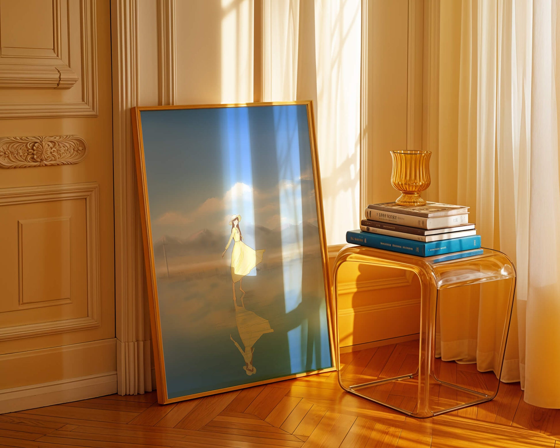 Woman in yellow dress standing on reflective water against clear sky