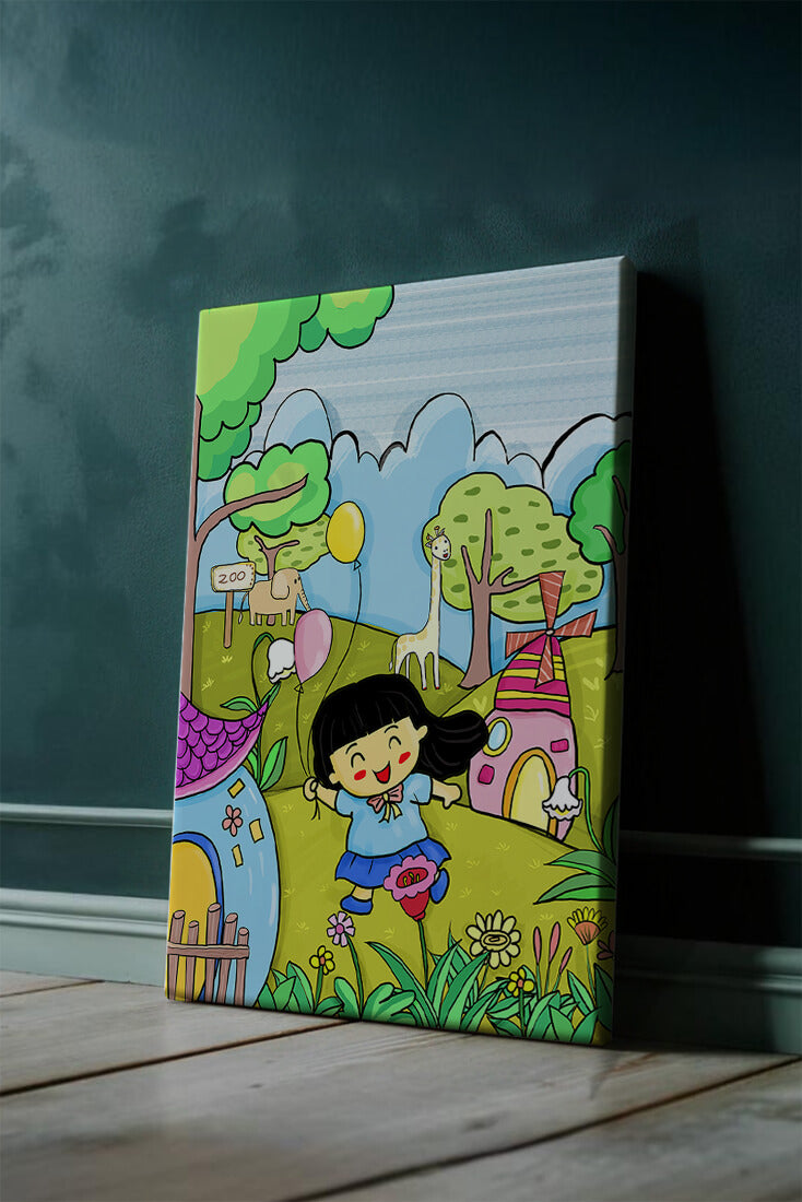Colorful children's illustration of a joyful zoo visit with animals