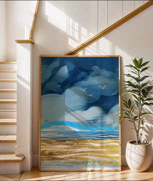 Dynamic Ocean Waves Under Cloudy Sky With Seagulls And Gold-Tinted Sand