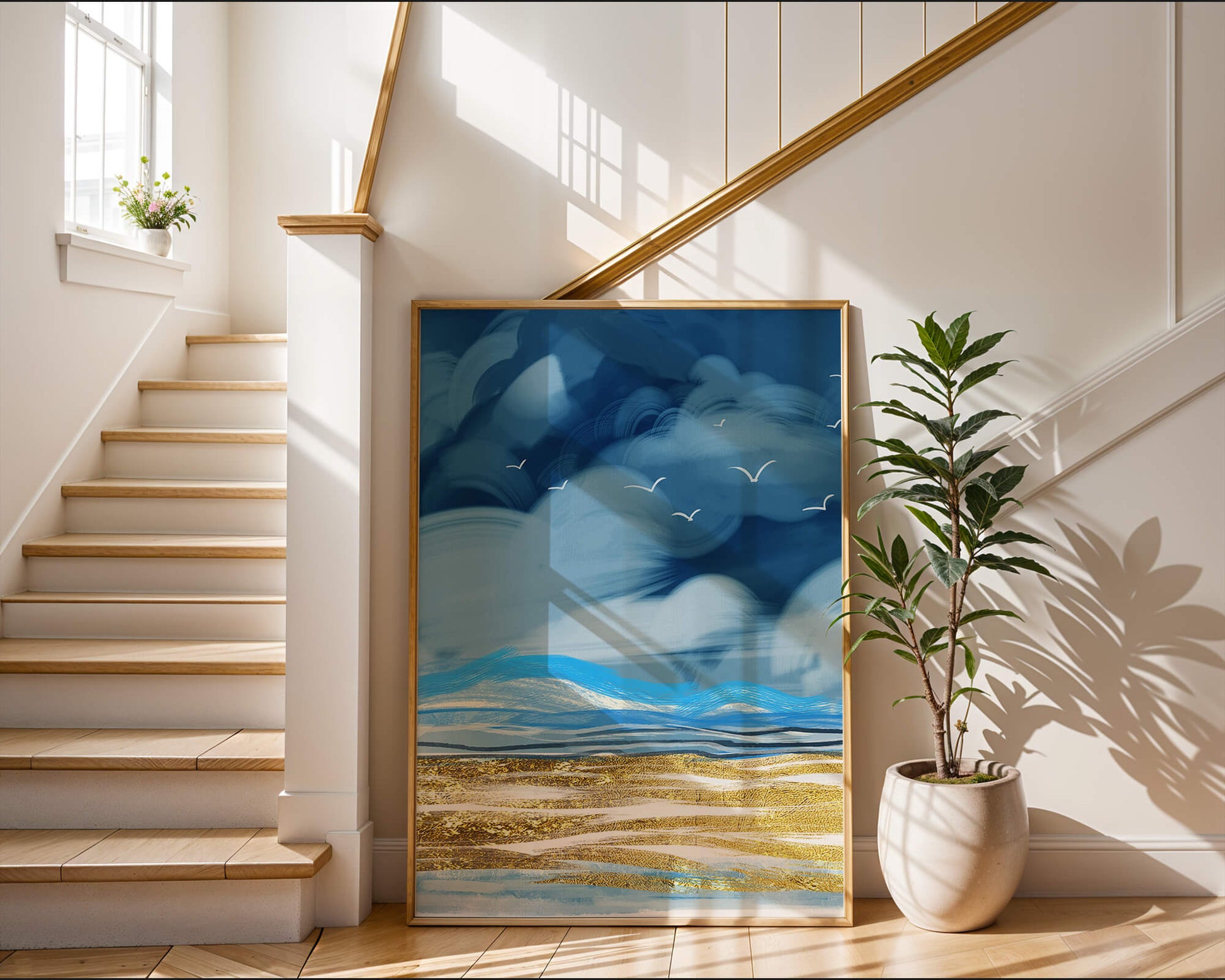 Dynamic Ocean Waves Under Cloudy Sky With Seagulls And Gold-Tinted Sand