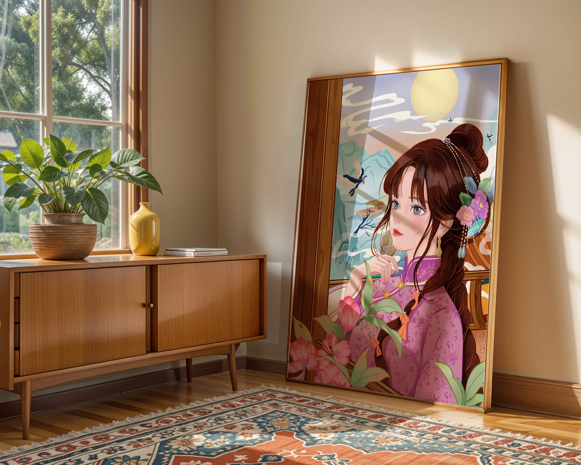 Serene landscape with a woman in traditional dress and mountain view