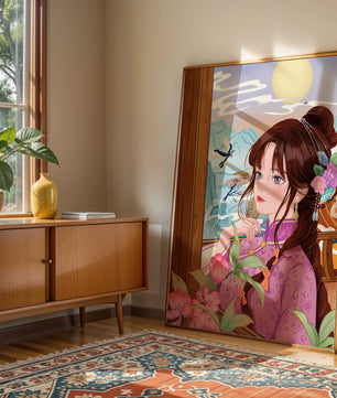 Serene landscape with a woman in traditional dress and mountain view