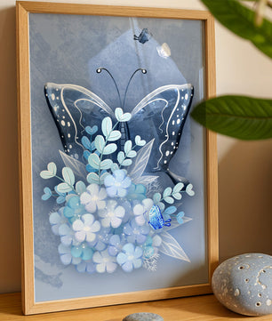 Elegant butterfly with blue floral arrangement artwork