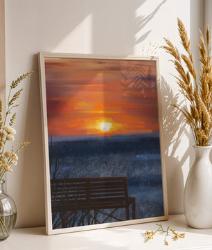 Tranquil Sunset over Ocean with a Lonely Bench