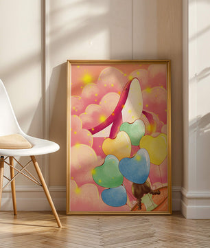 Globos con forma de corazón y ballena en una escena caprichosa y colorida