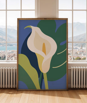 Ilustración floral abstracta con fondo verde y azul