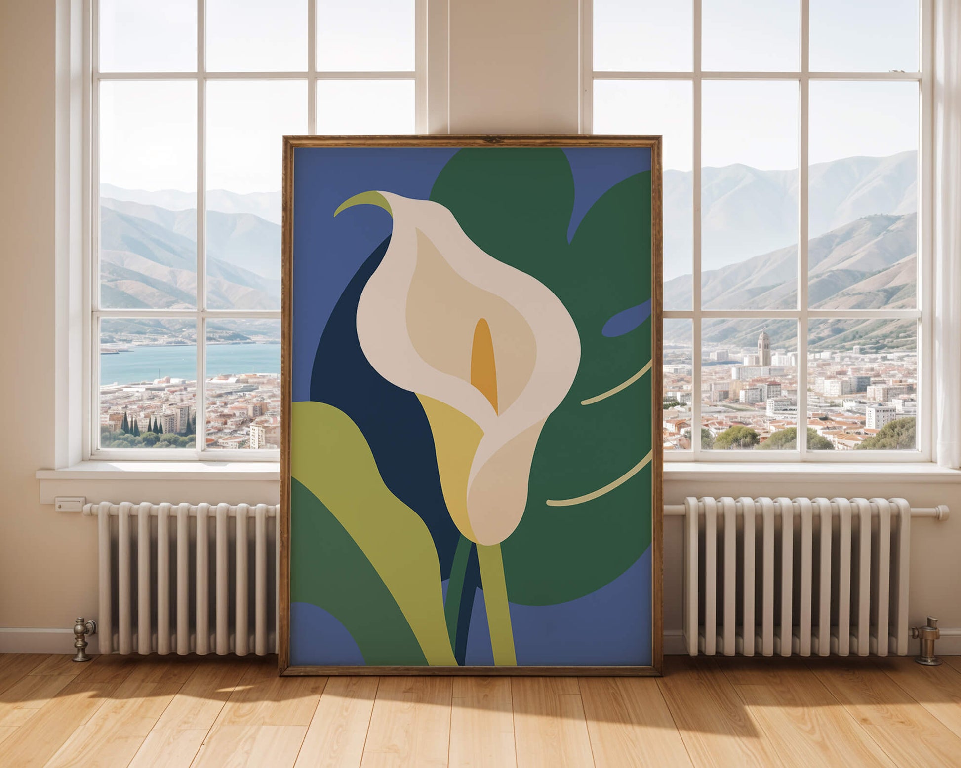 Ilustración floral abstracta con fondo verde y azul