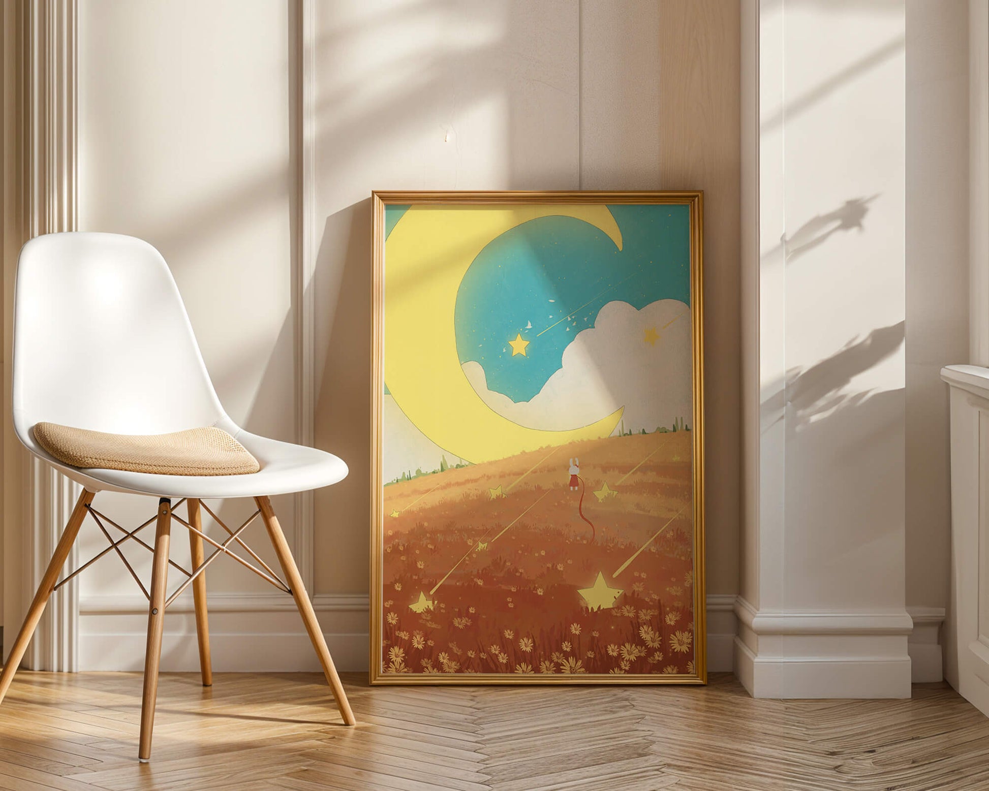 Dreamy Nighttime Landscape with Moon and Stars in a Field