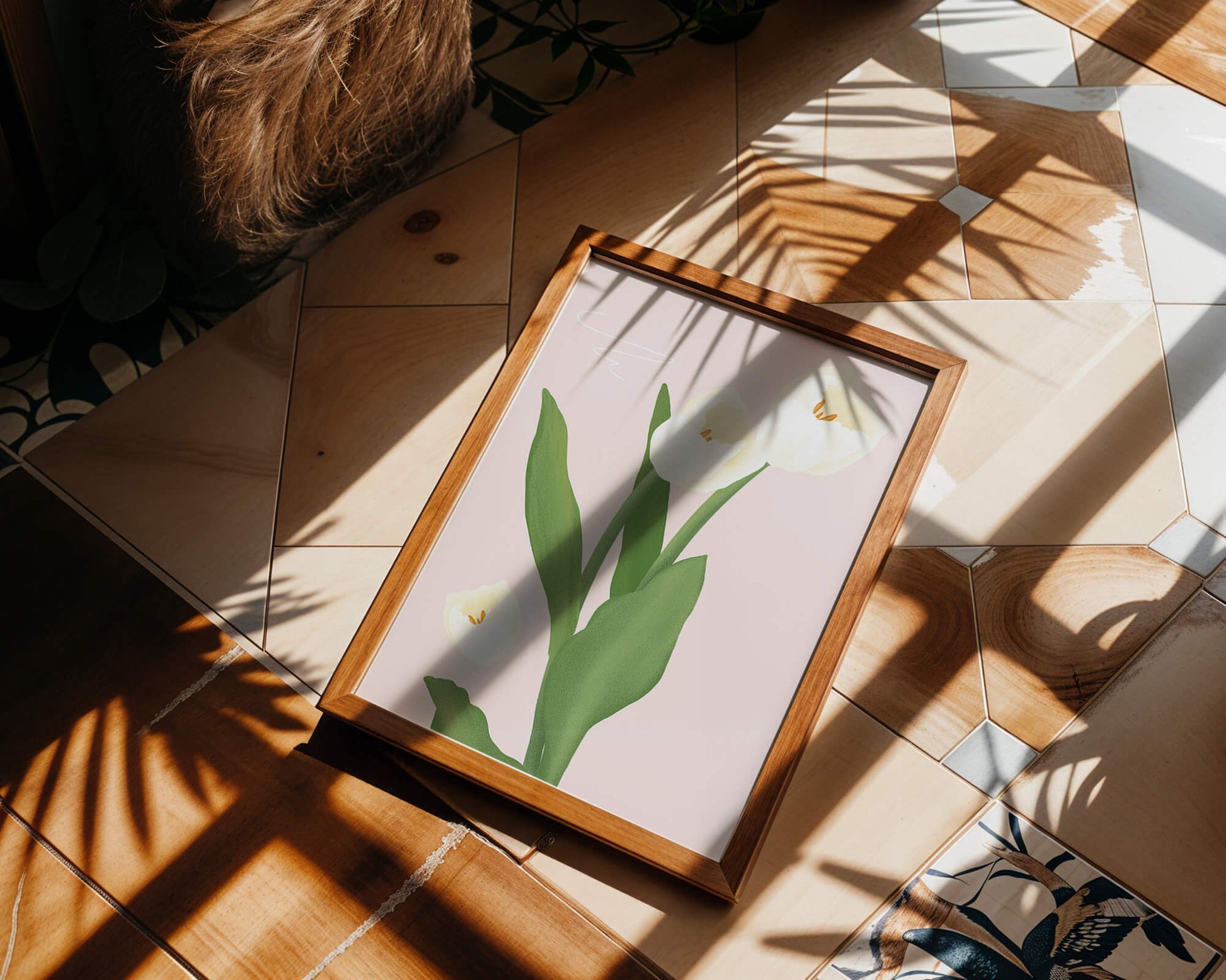 Elegant white tulips illustration on pastel background