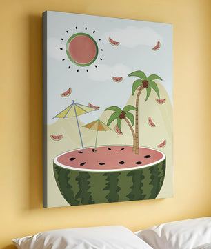 Summer Paradise with Watermelon Sun and Palms in Surreal Landscape