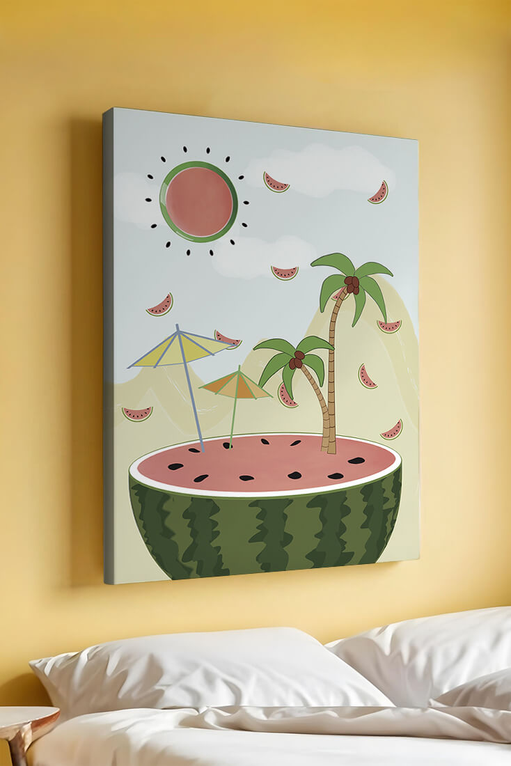 Summer Paradise with Watermelon Sun and Palms in Surreal Landscape