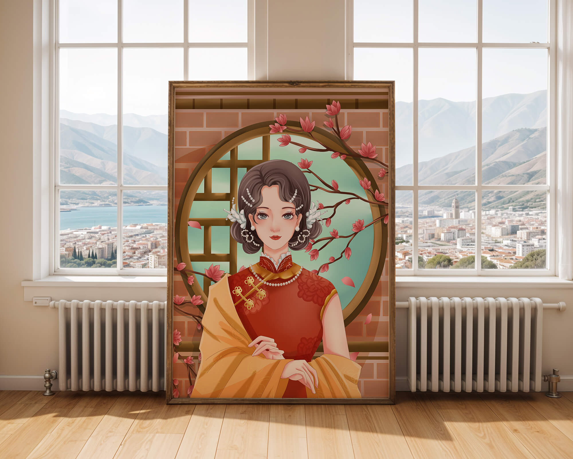 Elegant woman in traditional dress with floral background