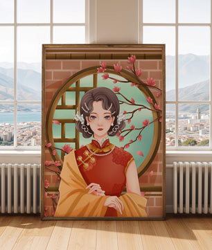 Elegant woman in traditional dress with floral background